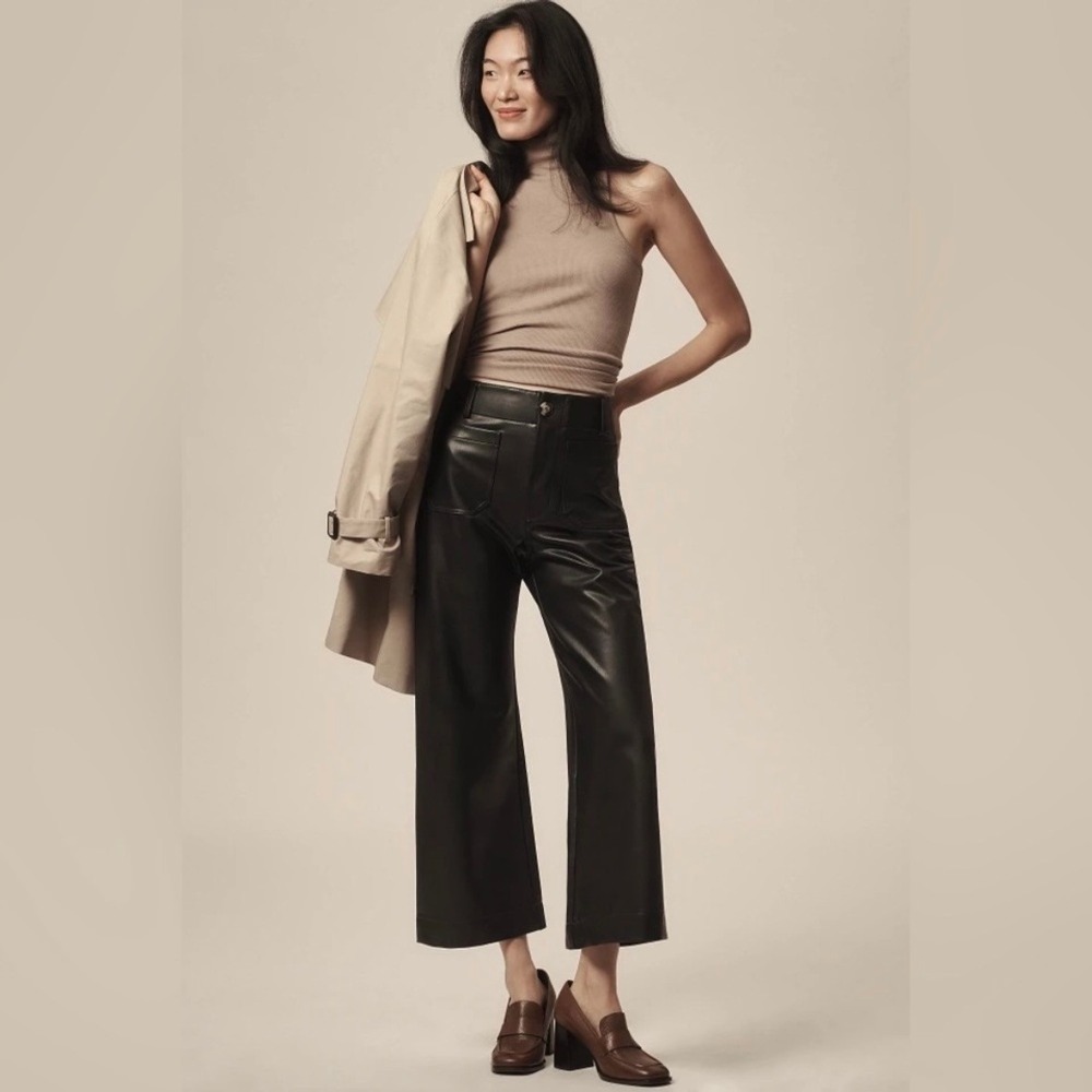 Anthropologie Maeve Colette Wide Leg Crop Faux Leather Pants Black 25